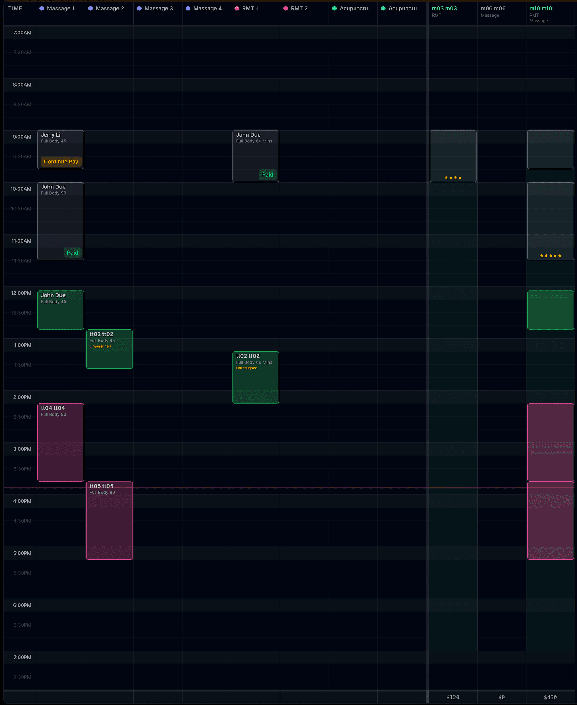 BookSpa booking calendar — live staff schedule view